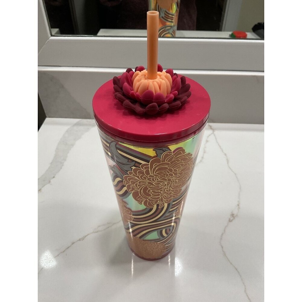 Starbucks Lotus Flower Art Deco Holiday Tumbler Straw Topper 24 oz NWOT